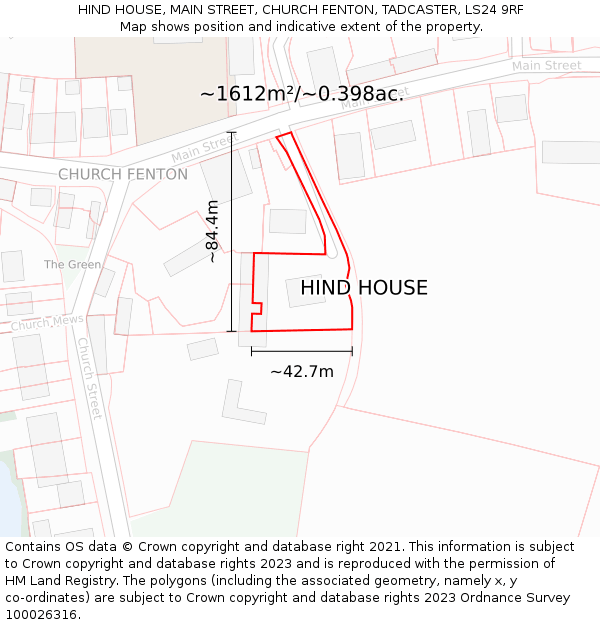 HIND HOUSE, MAIN STREET, CHURCH FENTON, TADCASTER, LS24 9RF: Plot and title map