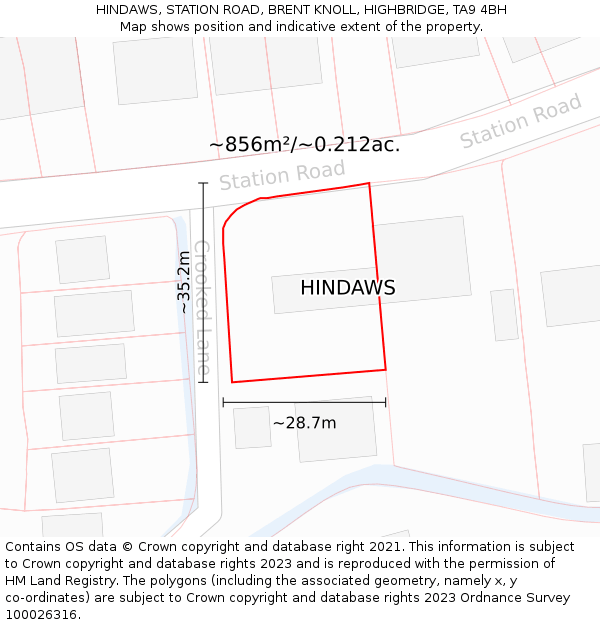 HINDAWS, STATION ROAD, BRENT KNOLL, HIGHBRIDGE, TA9 4BH: Plot and title map