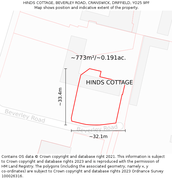 HINDS COTTAGE, BEVERLEY ROAD, CRANSWICK, DRIFFIELD, YO25 9PF: Plot and title map