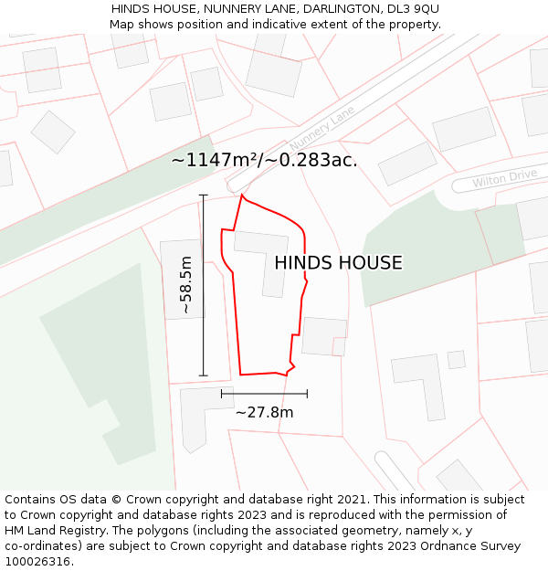 HINDS HOUSE, NUNNERY LANE, DARLINGTON, DL3 9QU: Plot and title map