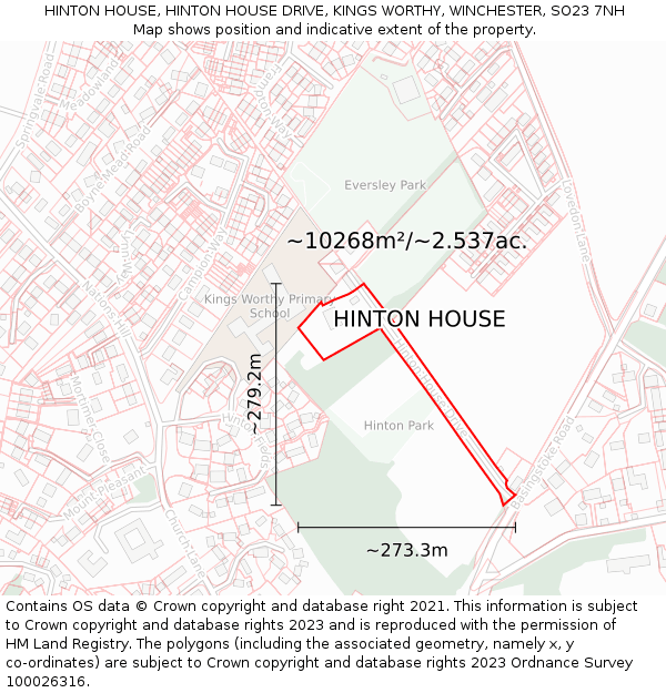 HINTON HOUSE, HINTON HOUSE DRIVE, KINGS WORTHY, WINCHESTER, SO23 7NH: Plot and title map