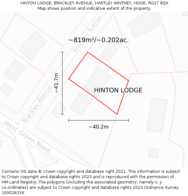 HINTON LODGE, BRACKLEY AVENUE, HARTLEY WINTNEY, HOOK, RG27 8QX: Plot and title map