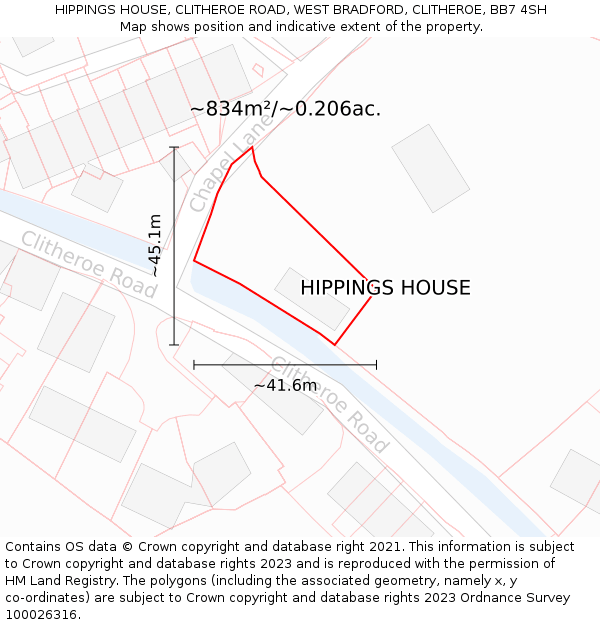 HIPPINGS HOUSE, CLITHEROE ROAD, WEST BRADFORD, CLITHEROE, BB7 4SH: Plot and title map