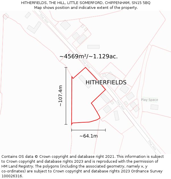 HITHERFIELDS, THE HILL, LITTLE SOMERFORD, CHIPPENHAM, SN15 5BQ: Plot and title map