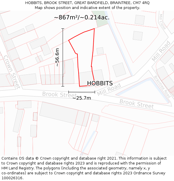 HOBBITS, BROOK STREET, GREAT BARDFIELD, BRAINTREE, CM7 4RQ: Plot and title map