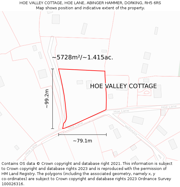 HOE VALLEY COTTAGE, HOE LANE, ABINGER HAMMER, DORKING, RH5 6RS: Plot and title map