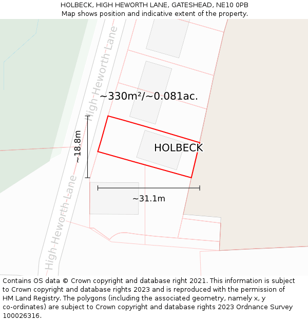 HOLBECK, HIGH HEWORTH LANE, GATESHEAD, NE10 0PB: Plot and title map