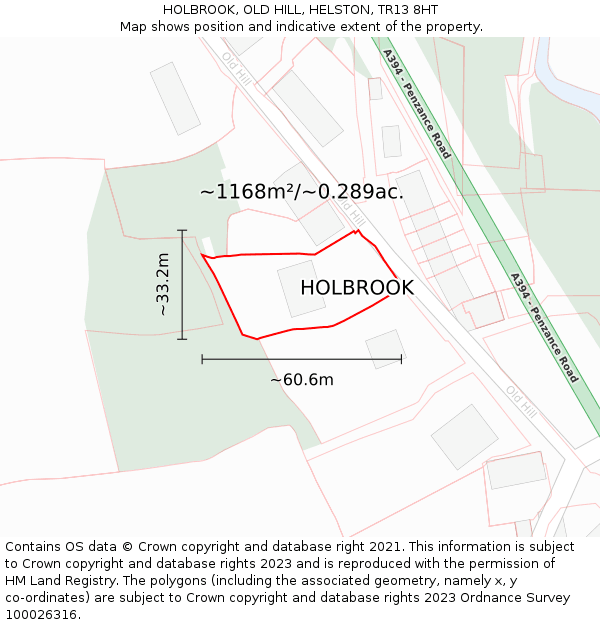 HOLBROOK, OLD HILL, HELSTON, TR13 8HT: Plot and title map