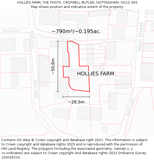 HOLLIES FARM, THE POSTS, CROPWELL BUTLER, NOTTINGHAM, NG12 3AS: Plot and title map