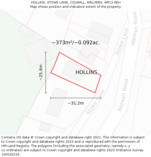 HOLLINS, STOWE LANE, COLWALL, MALVERN, WR13 6EH: Plot and title map