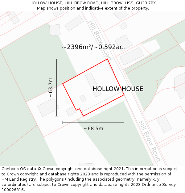 HOLLOW HOUSE, HILL BROW ROAD, HILL BROW, LISS, GU33 7PX: Plot and title map
