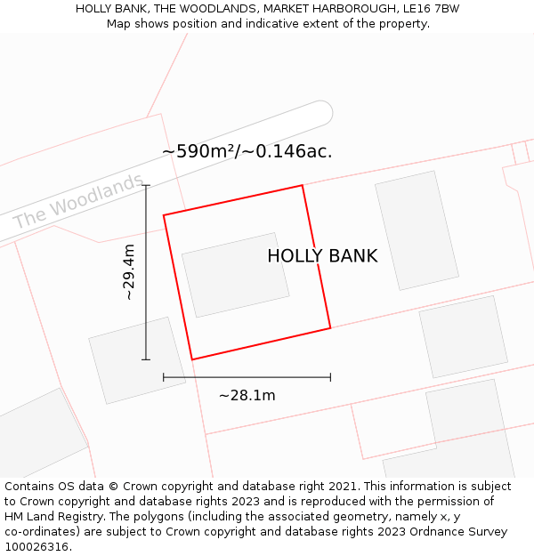 HOLLY BANK, THE WOODLANDS, MARKET HARBOROUGH, LE16 7BW: Plot and title map