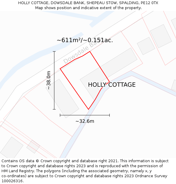 HOLLY COTTAGE, DOWSDALE BANK, SHEPEAU STOW, SPALDING, PE12 0TX: Plot and title map