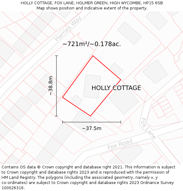 HOLLY COTTAGE, FOX LANE, HOLMER GREEN, HIGH WYCOMBE, HP15 6SB: Plot and title map