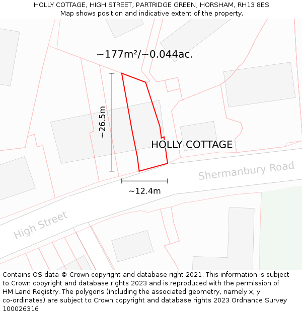 HOLLY COTTAGE, HIGH STREET, PARTRIDGE GREEN, HORSHAM, RH13 8ES: Plot and title map