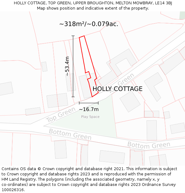 HOLLY COTTAGE, TOP GREEN, UPPER BROUGHTON, MELTON MOWBRAY, LE14 3BJ: Plot and title map