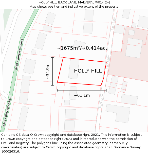 HOLLY HILL, BACK LANE, MALVERN, WR14 2HJ: Plot and title map