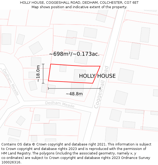 HOLLY HOUSE, COGGESHALL ROAD, DEDHAM, COLCHESTER, CO7 6ET: Plot and title map