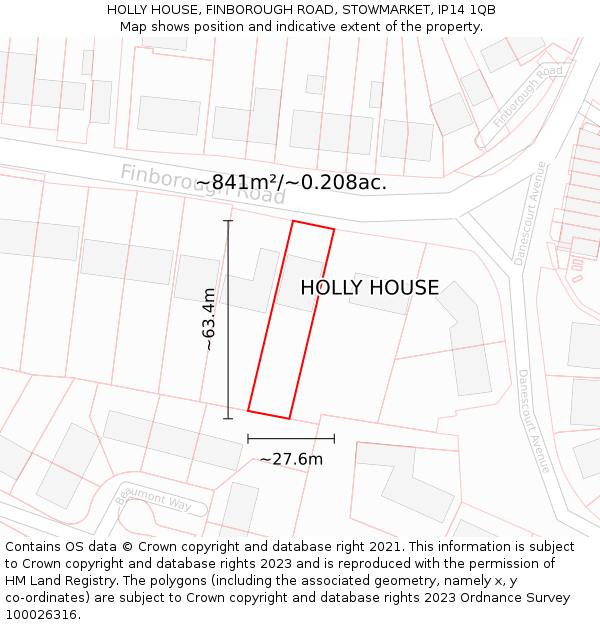 HOLLY HOUSE, FINBOROUGH ROAD, STOWMARKET, IP14 1QB: Plot and title map