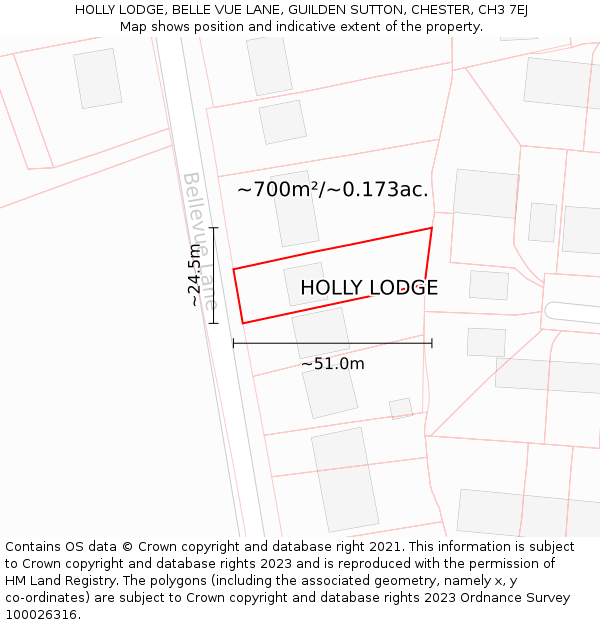 HOLLY LODGE, BELLE VUE LANE, GUILDEN SUTTON, CHESTER, CH3 7EJ: Plot and title map