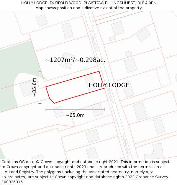 HOLLY LODGE, DURFOLD WOOD, PLAISTOW, BILLINGSHURST, RH14 0PN: Plot and title map