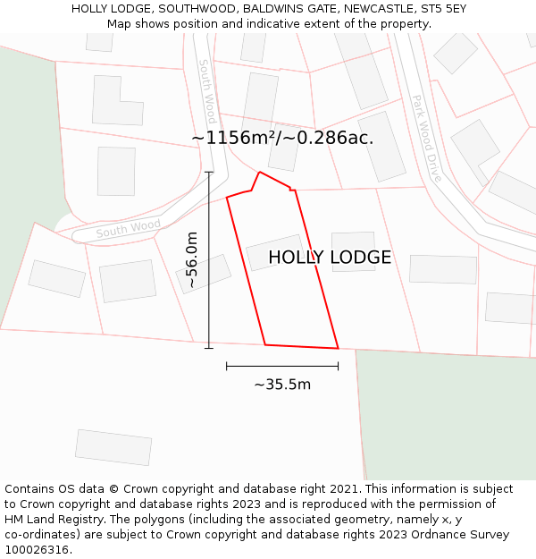 HOLLY LODGE, SOUTHWOOD, BALDWINS GATE, NEWCASTLE, ST5 5EY: Plot and title map