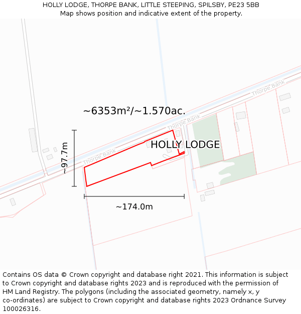 HOLLY LODGE, THORPE BANK, LITTLE STEEPING, SPILSBY, PE23 5BB: Plot and title map