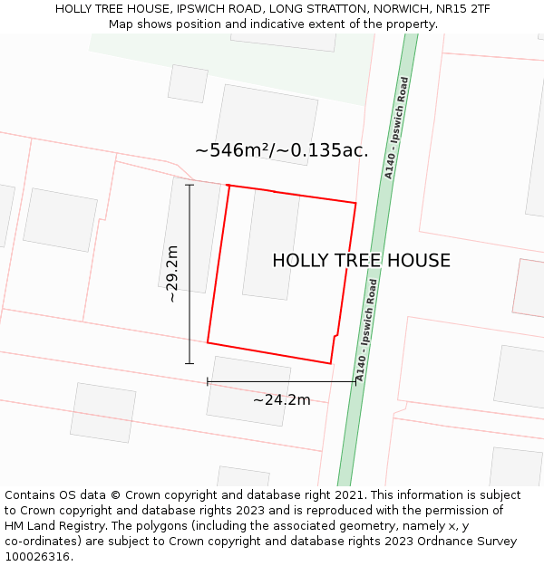 HOLLY TREE HOUSE, IPSWICH ROAD, LONG STRATTON, NORWICH, NR15 2TF: Plot and title map