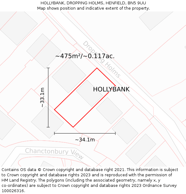 HOLLYBANK, DROPPING HOLMS, HENFIELD, BN5 9UU: Plot and title map