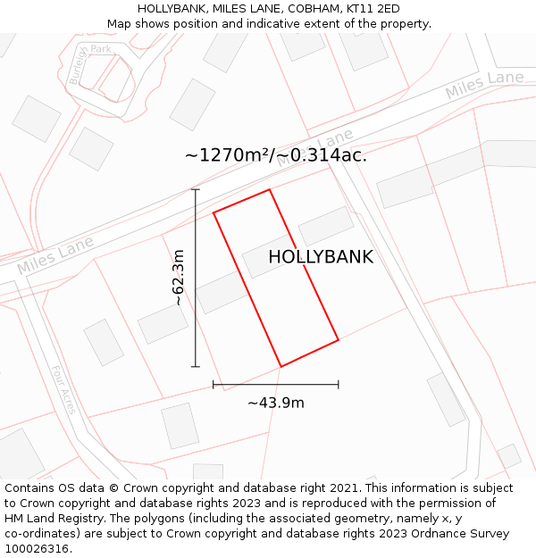 HOLLYBANK, MILES LANE, COBHAM, KT11 2ED: Plot and title map