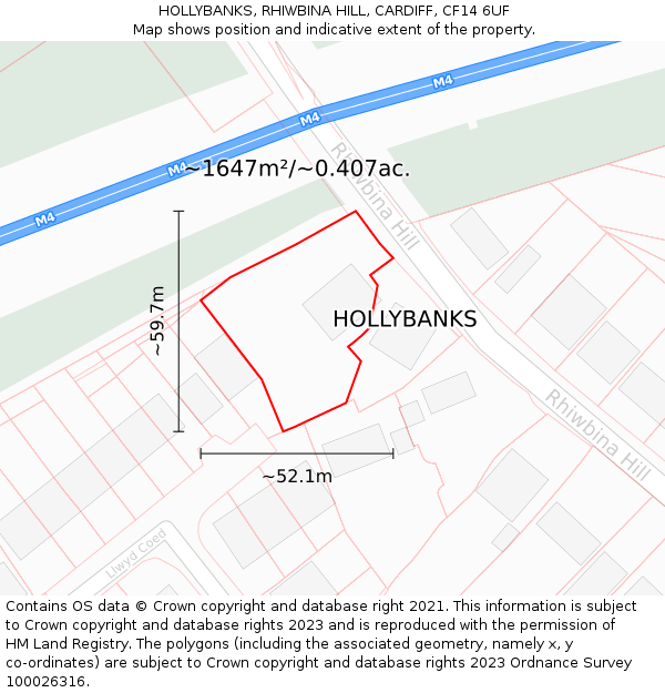 HOLLYBANKS, RHIWBINA HILL, CARDIFF, CF14 6UF: Plot and title map