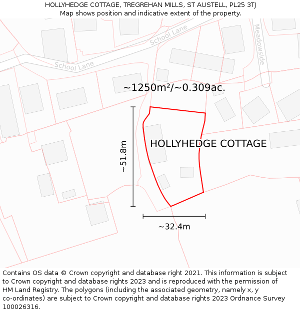 HOLLYHEDGE COTTAGE, TREGREHAN MILLS, ST AUSTELL, PL25 3TJ: Plot and title map