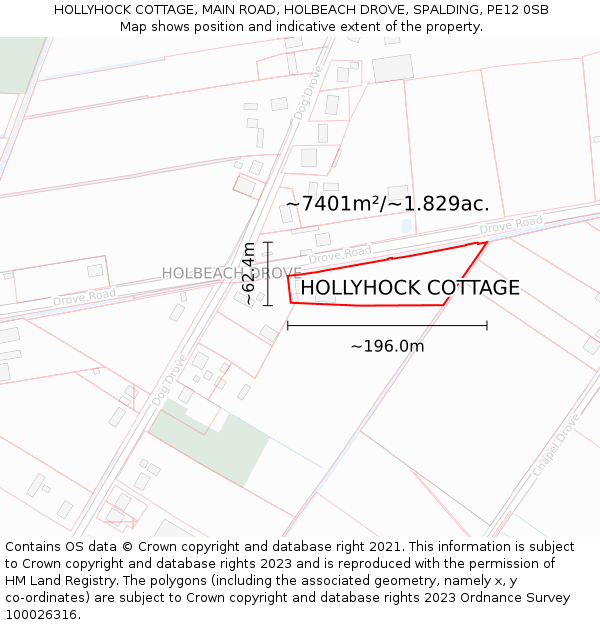 HOLLYHOCK COTTAGE, MAIN ROAD, HOLBEACH DROVE, SPALDING, PE12 0SB: Plot and title map