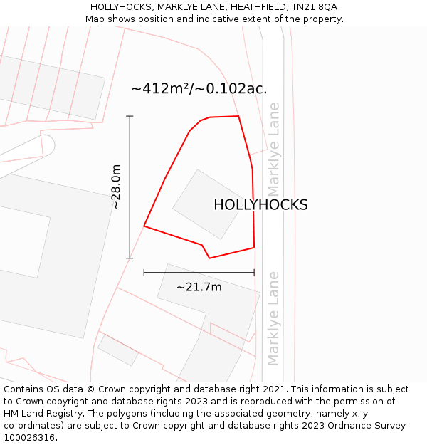 HOLLYHOCKS, MARKLYE LANE, HEATHFIELD, TN21 8QA: Plot and title map