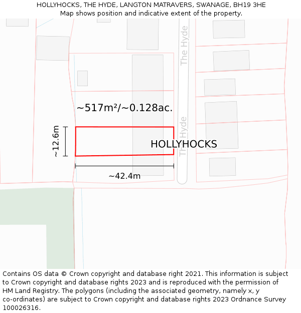 HOLLYHOCKS, THE HYDE, LANGTON MATRAVERS, SWANAGE, BH19 3HE: Plot and title map
