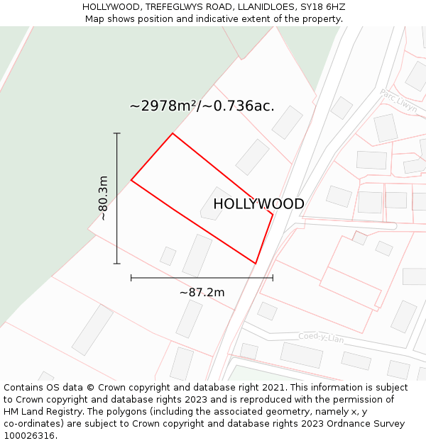 HOLLYWOOD, TREFEGLWYS ROAD, LLANIDLOES, SY18 6HZ: Plot and title map