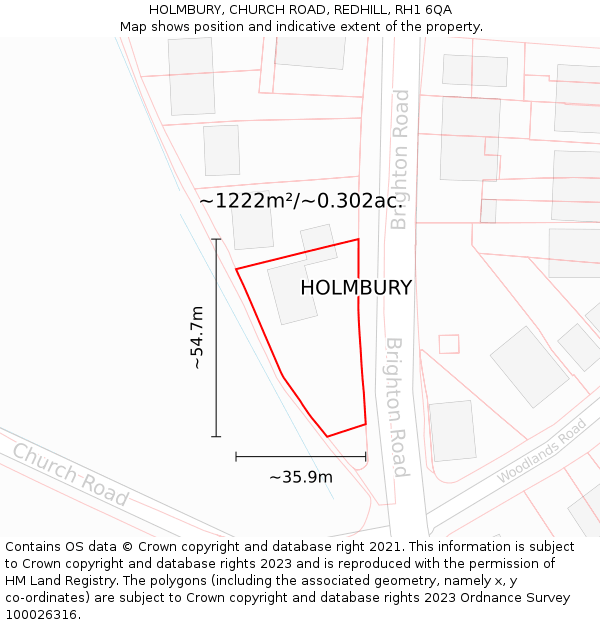 HOLMBURY, CHURCH ROAD, REDHILL, RH1 6QA: Plot and title map