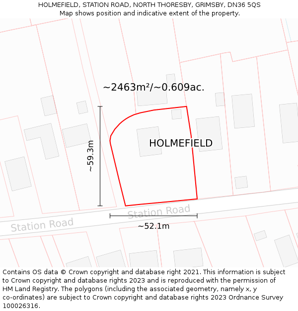 HOLMEFIELD, STATION ROAD, NORTH THORESBY, GRIMSBY, DN36 5QS: Plot and title map