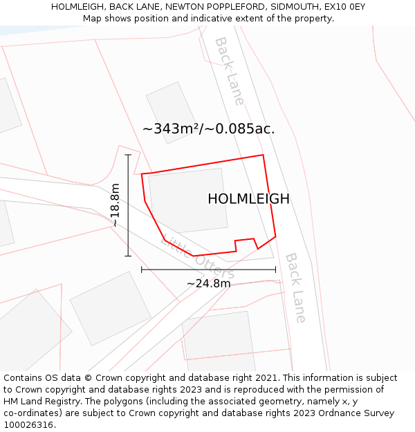 HOLMLEIGH, BACK LANE, NEWTON POPPLEFORD, SIDMOUTH, EX10 0EY: Plot and title map