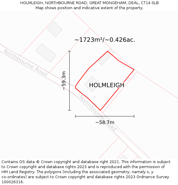 HOLMLEIGH, NORTHBOURNE ROAD, GREAT MONGEHAM, DEAL, CT14 0LB: Plot and title map