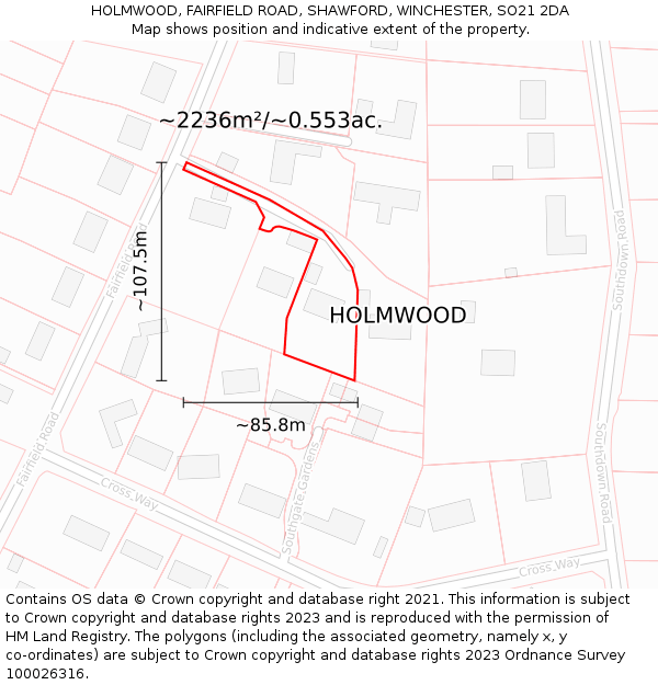 HOLMWOOD, FAIRFIELD ROAD, SHAWFORD, WINCHESTER, SO21 2DA: Plot and title map