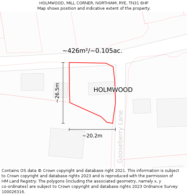 HOLMWOOD, MILL CORNER, NORTHIAM, RYE, TN31 6HP: Plot and title map