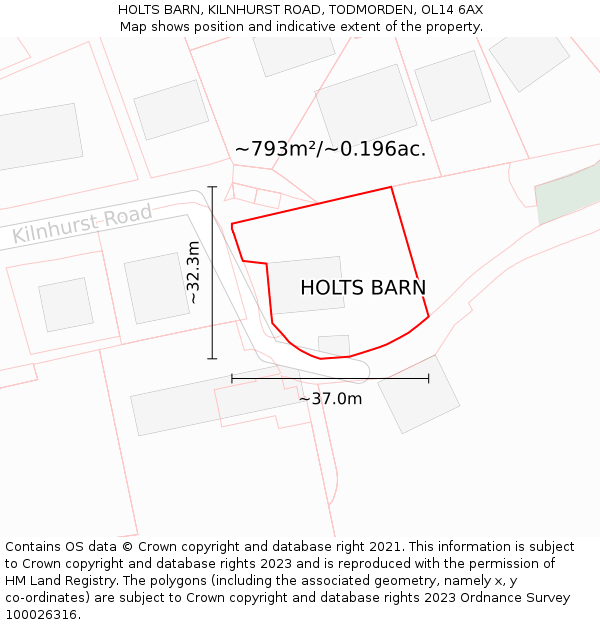 HOLTS BARN, KILNHURST ROAD, TODMORDEN, OL14 6AX: Plot and title map