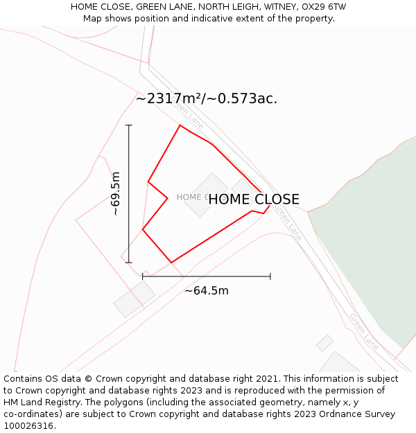 HOME CLOSE, GREEN LANE, NORTH LEIGH, WITNEY, OX29 6TW: Plot and title map