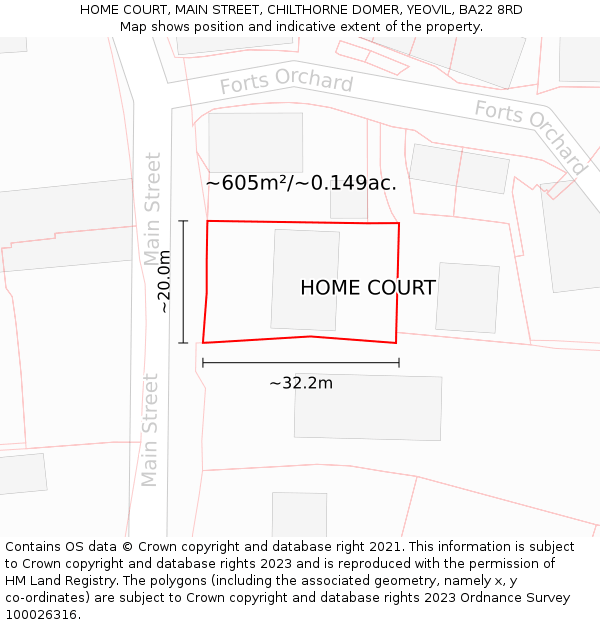 HOME COURT, MAIN STREET, CHILTHORNE DOMER, YEOVIL, BA22 8RD: Plot and title map