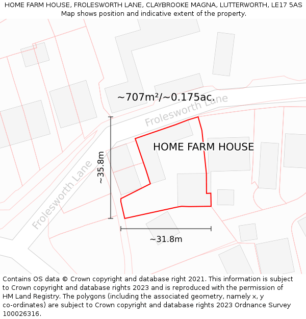 HOME FARM HOUSE, FROLESWORTH LANE, CLAYBROOKE MAGNA, LUTTERWORTH, LE17 5AS: Plot and title map