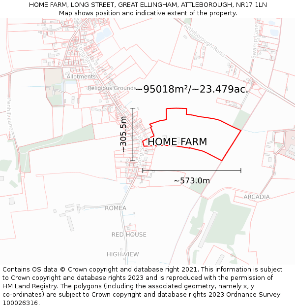 HOME FARM, LONG STREET, GREAT ELLINGHAM, ATTLEBOROUGH, NR17 1LN: Plot and title map