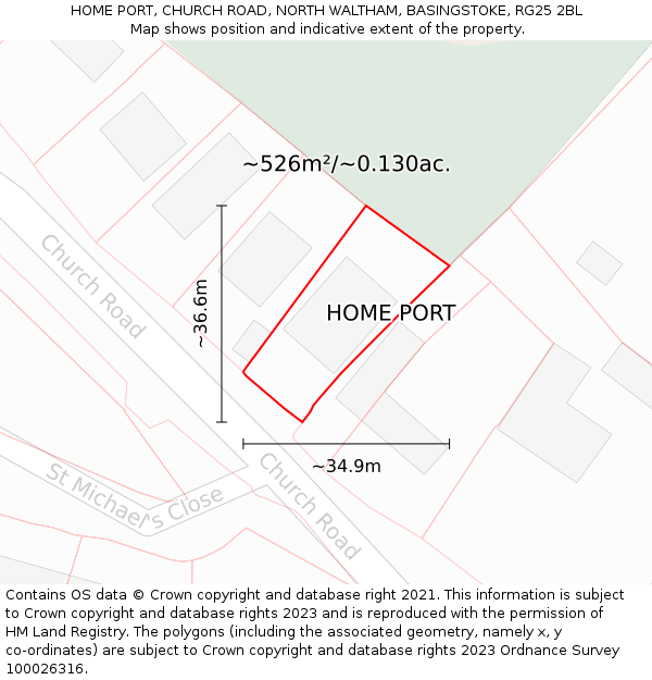 HOME PORT, CHURCH ROAD, NORTH WALTHAM, BASINGSTOKE, RG25 2BL: Plot and title map