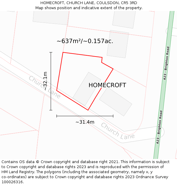 HOMECROFT, CHURCH LANE, COULSDON, CR5 3RD: Plot and title map