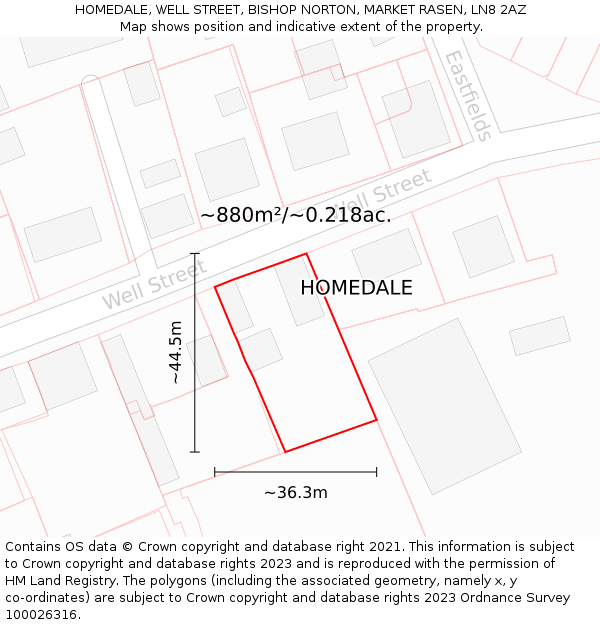 HOMEDALE, WELL STREET, BISHOP NORTON, MARKET RASEN, LN8 2AZ: Plot and title map